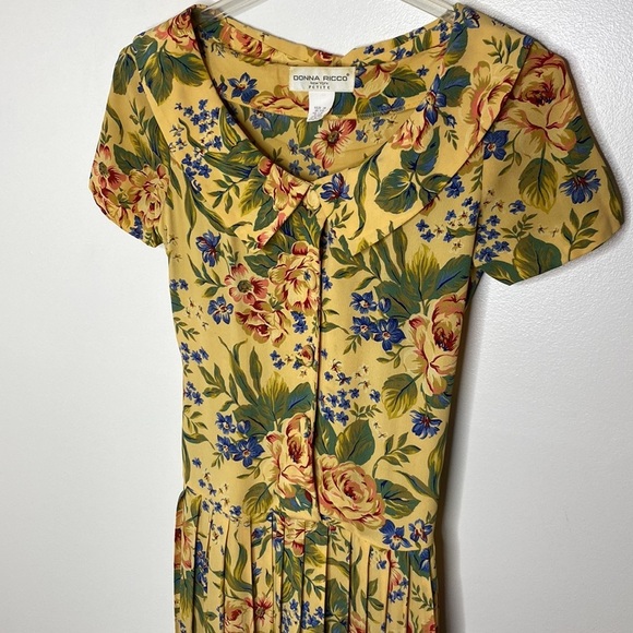 Vintage Y2K Donna Ricci Floral Midi Dress With Bow Tie Back & Pleated Skirt M - Picture 5 of 14